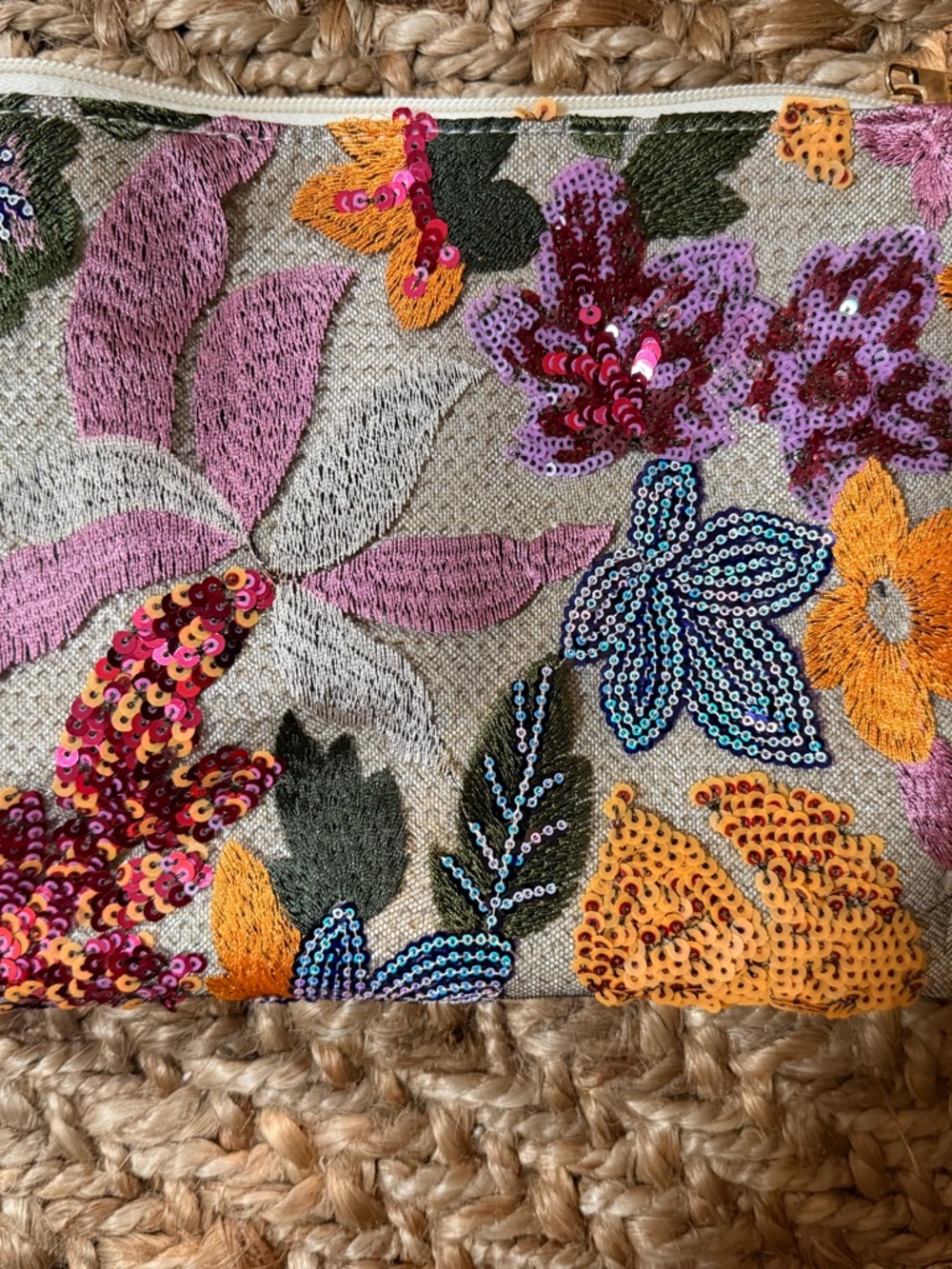 Embroidered Floral Sequin Clutch - Pink, Purple & Orange